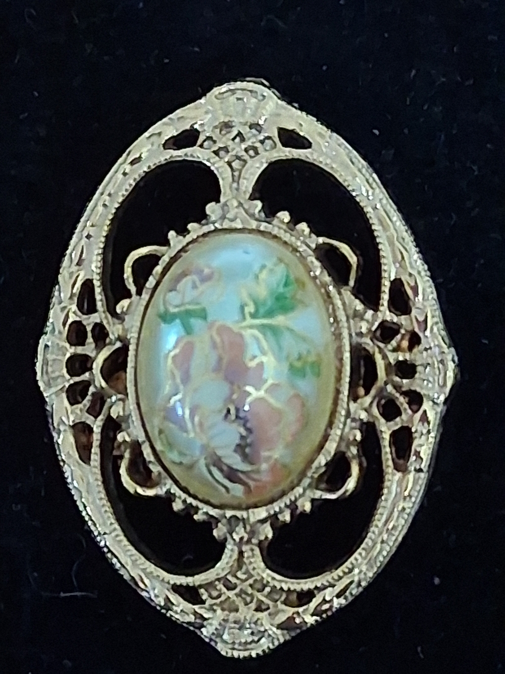 Gold-Tone Filigree Floral Oval Brooch - Pink & Green Enamel